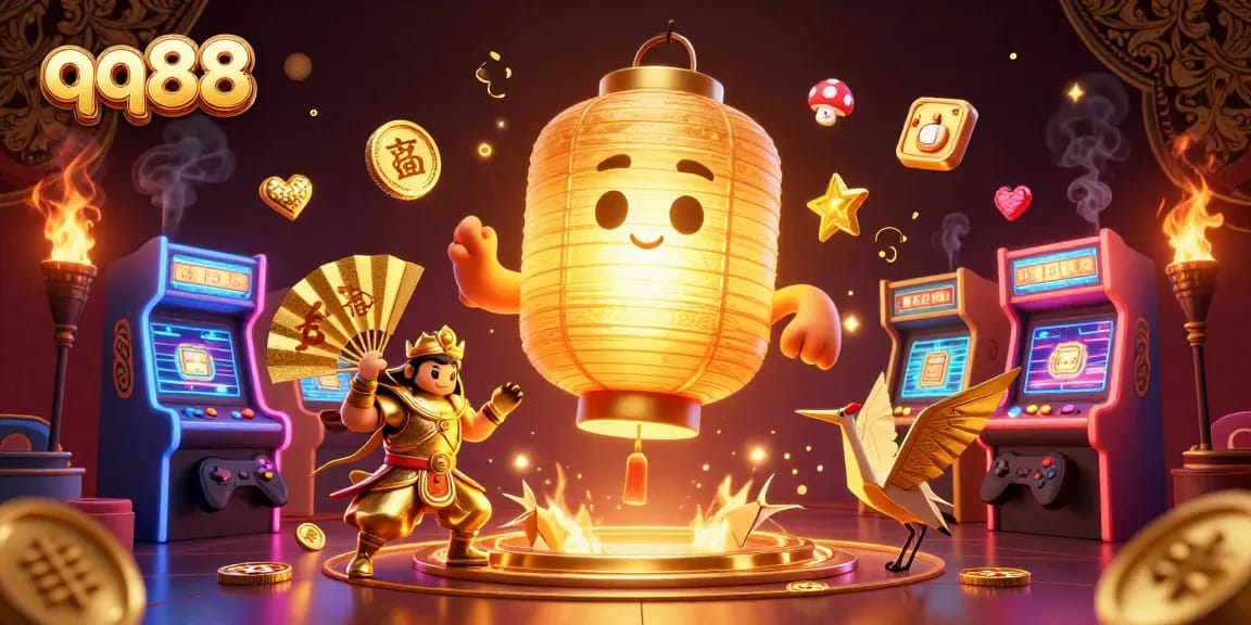 Experience thrilling gameplay with qq88 in a vibrant casino scene featuring golden lantern spirits and arcade elements.