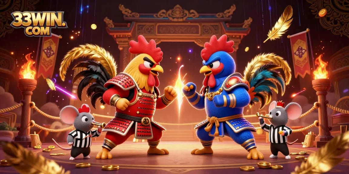 Experience the thrilling action at 33WIN. COM with dynamic roosters in a dramatic combat scene.