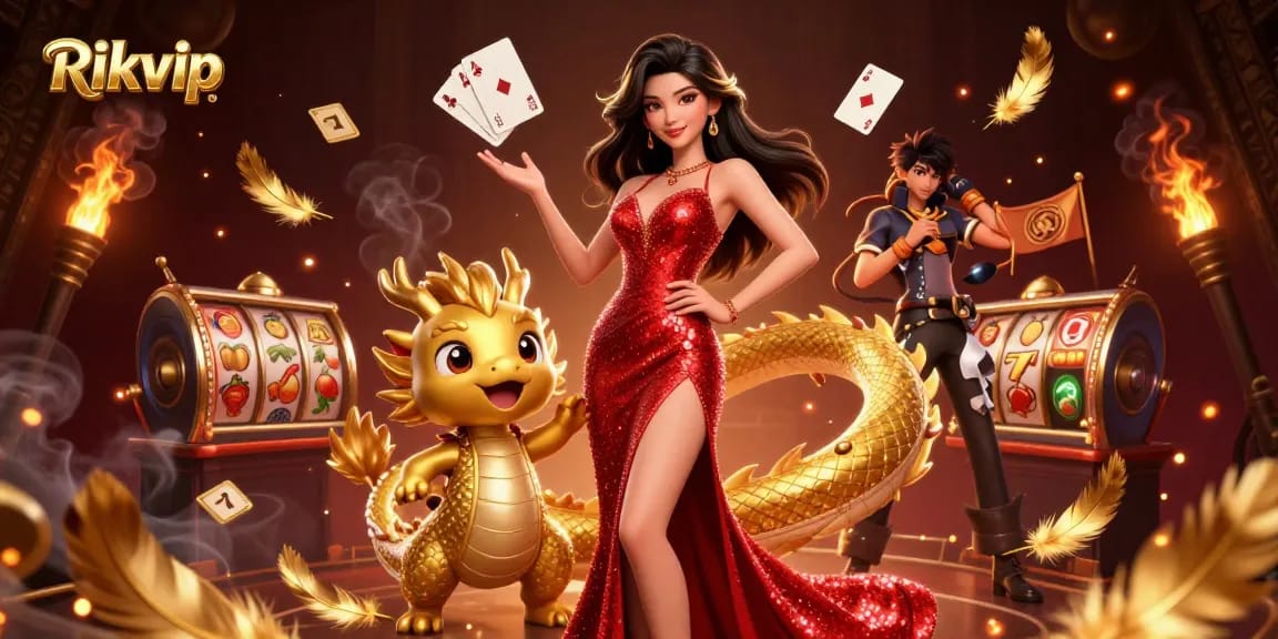 Rikvip casino experience featuring a stunning Asian woman and a golden dragon amidst dynamic gaming elements.