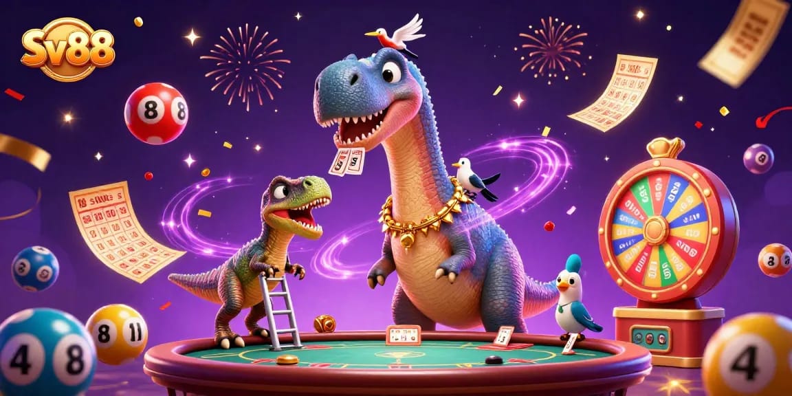 Engage with Sv88 in a vibrant casino scene featuring a playful dinosaur and dynamic gaming elements.