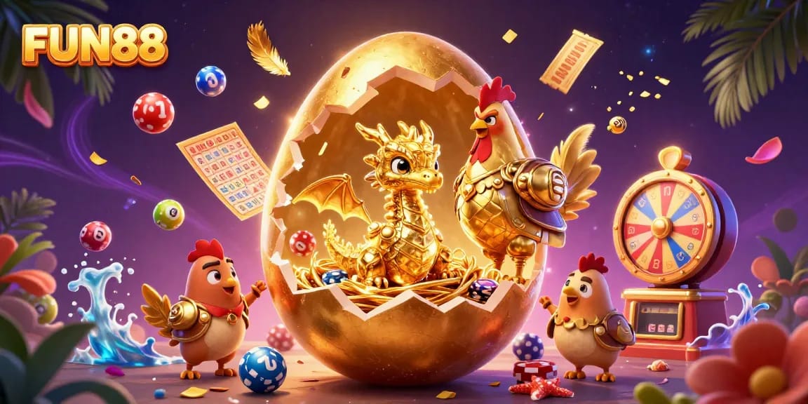 FUN88 brings a colorful, vibrant casino scene with a golden dragon and dynamic gaming elements.
