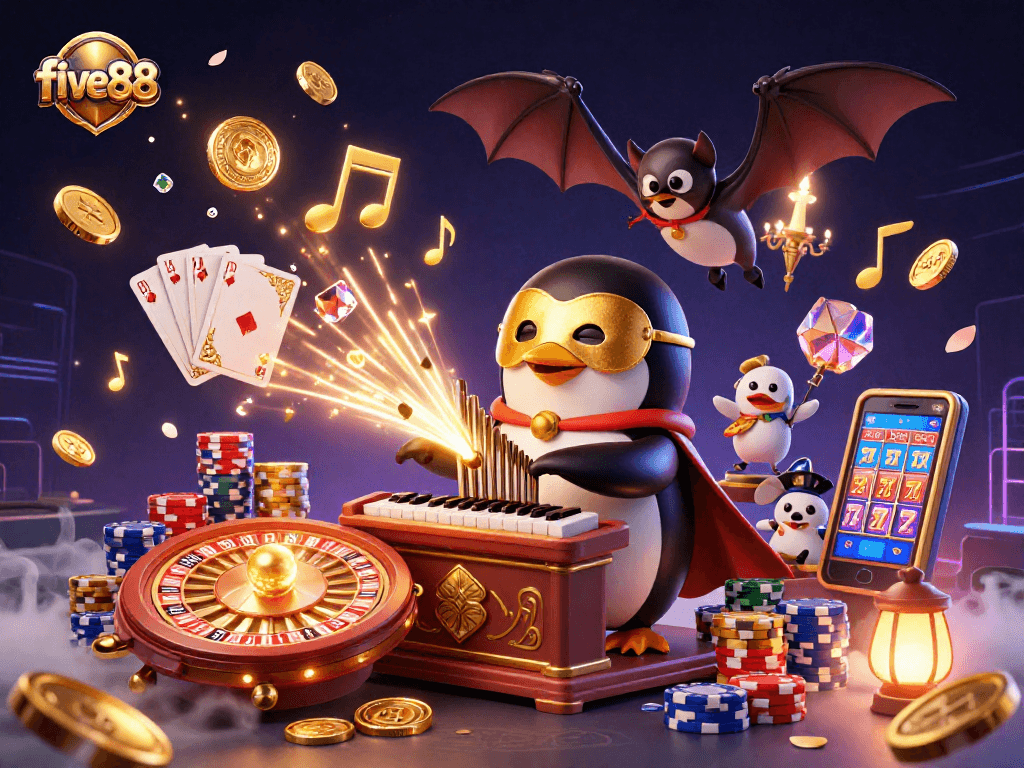Experience the excitement of five88 through vibrant slots, golden coins, and dynamic game elements in this 3D illustration.