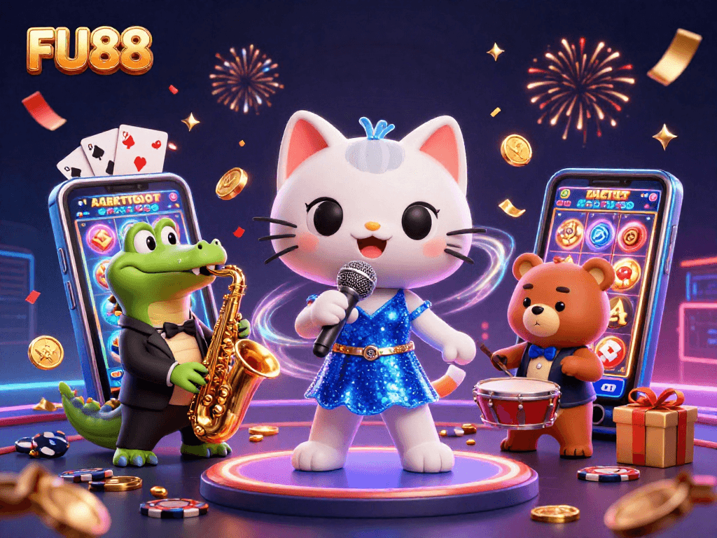 Catch the excitement of FU88 as characters celebrate wins with slots, cards, and vibrant casino elements.