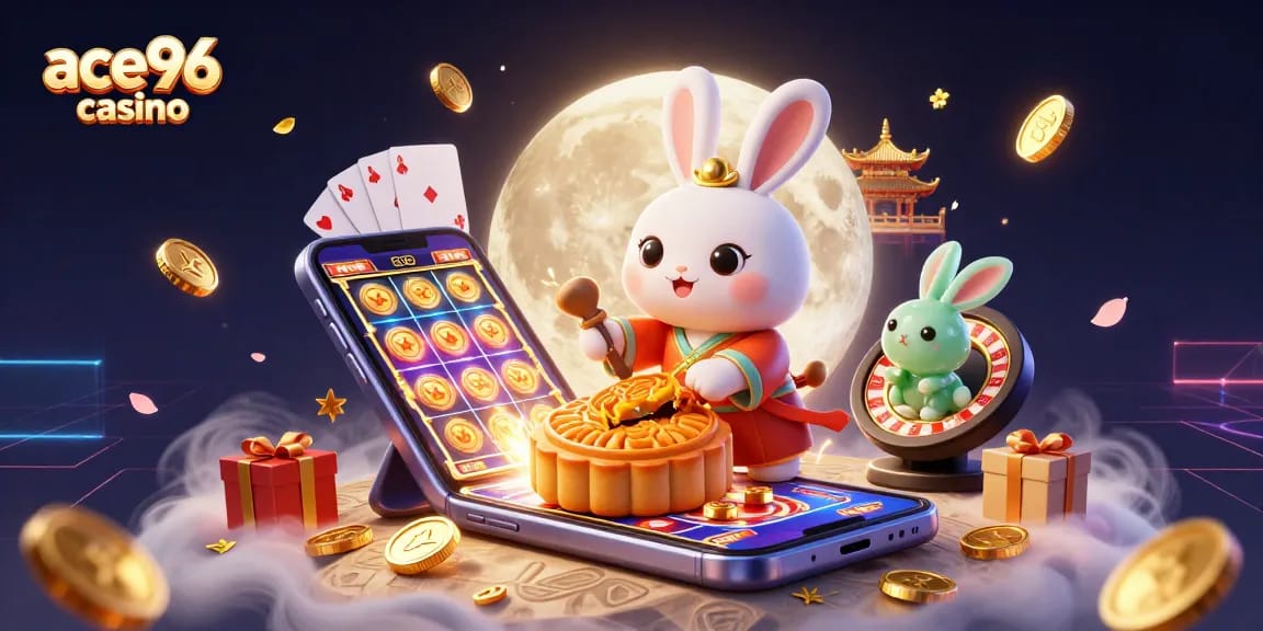 Experience the excitement of ace96 casino with vibrant poker chips and captivating moon rabbit scene.