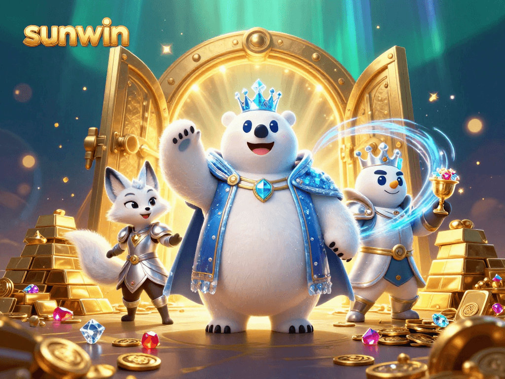 Join the thrilling sunwin casino adventure with the ice king bear and snow fox amidst dazzling treasures.