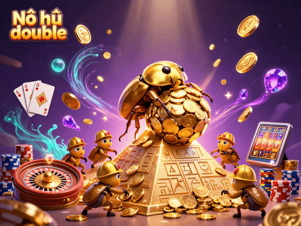 Experience the thrill of Nổ hũ double with colorful coins and playful characters in a vibrant casino scene.