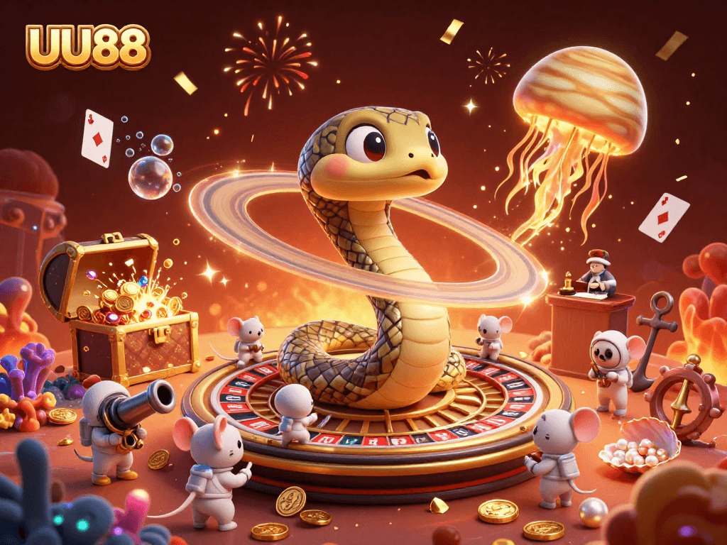 Engaging scene of astronaut mice betting on UU88's cosmic roulette at Saturn, featuring gold coins and vibrant visuals.