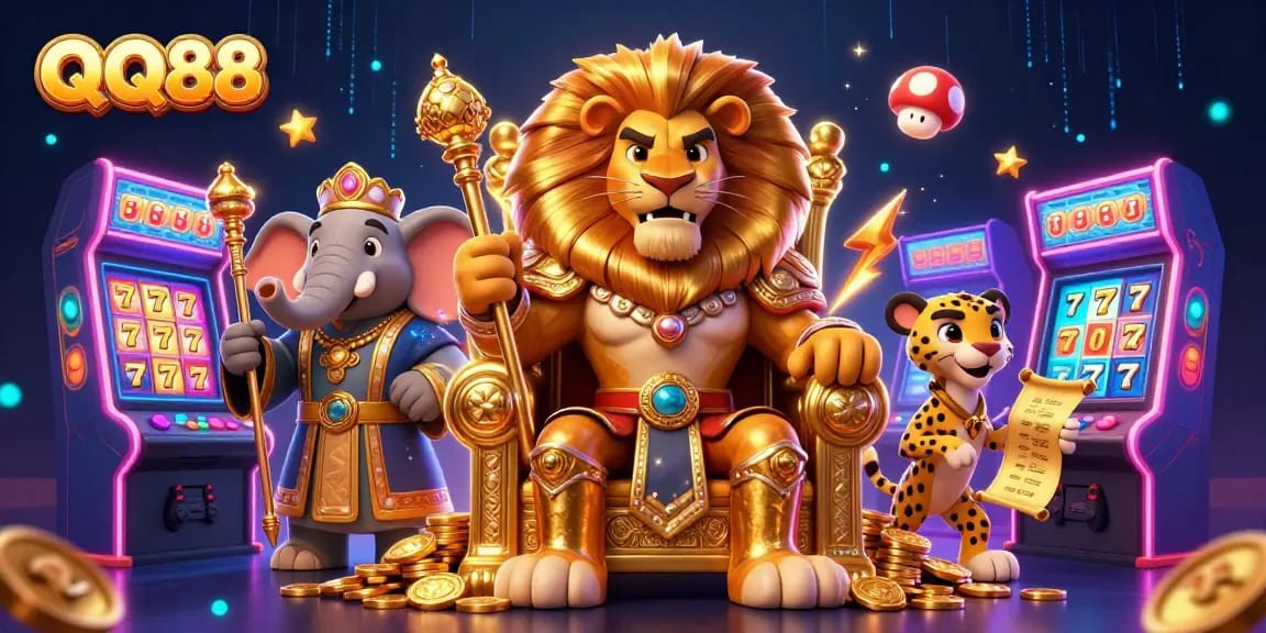 Experience thrilling bets at QQ88, illustrated with a fierce lion king and colorful game elements.