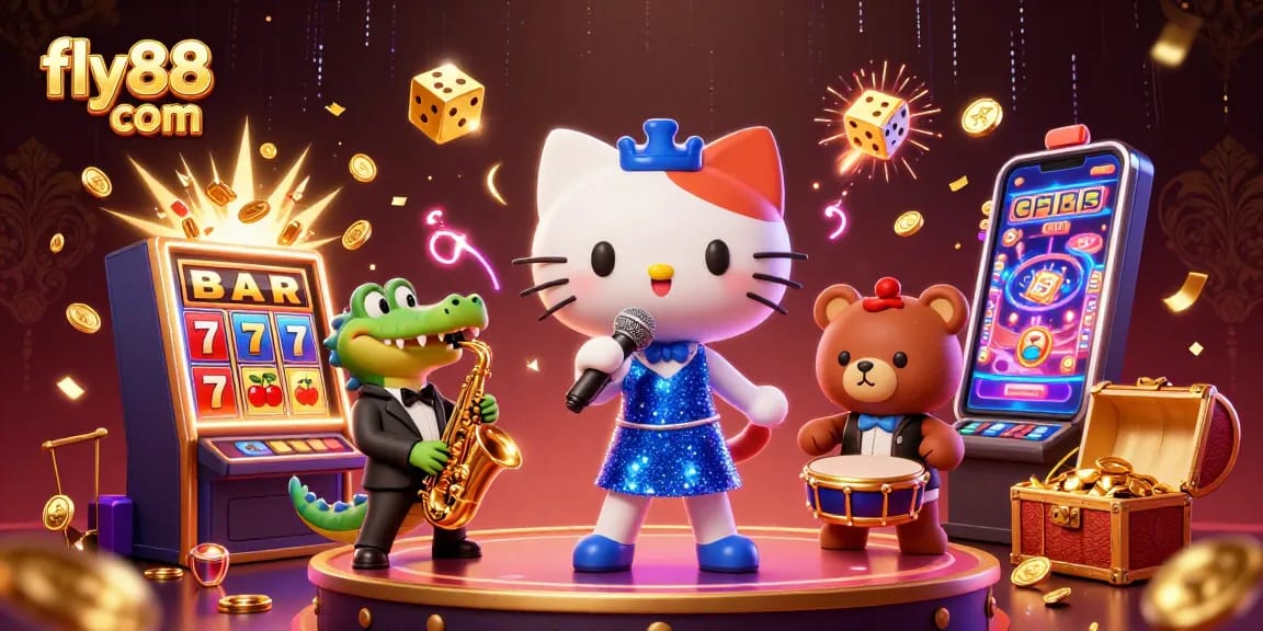 Win big at fly88 com with a lively casino scene featuring a jazz-singer cat and dynamic gaming elements.