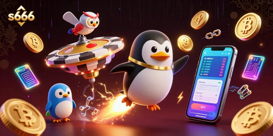 Experience thrilling gameplay at s666 with golden penguins and neon crypto elements.