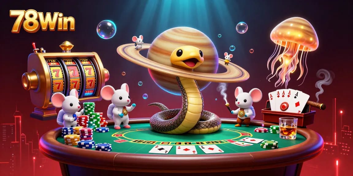 78Win showcases a vibrant 3D casino scene with a Saturn ring snake and astronaut mice betting on a cosmic roulette wheel.