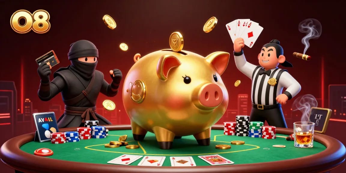 O8 features a lively casino scene with a golden sumo wrestler, vibrant poker chips, and dynamic game elements.