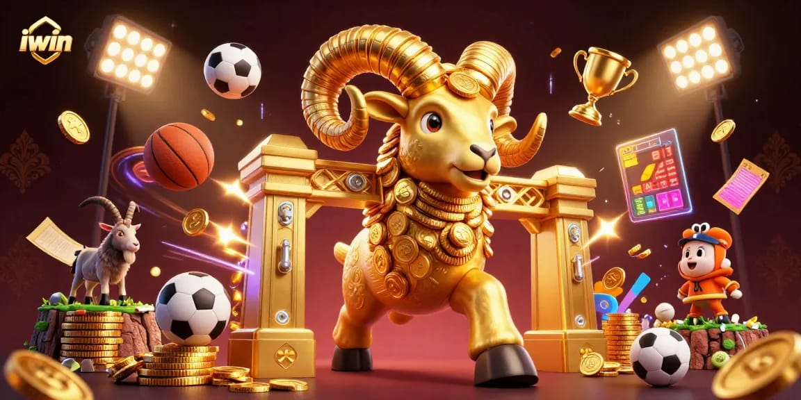 iwin showcases thrilling sports betting action with a golden ram charging through a dynamic 3D casino scene.