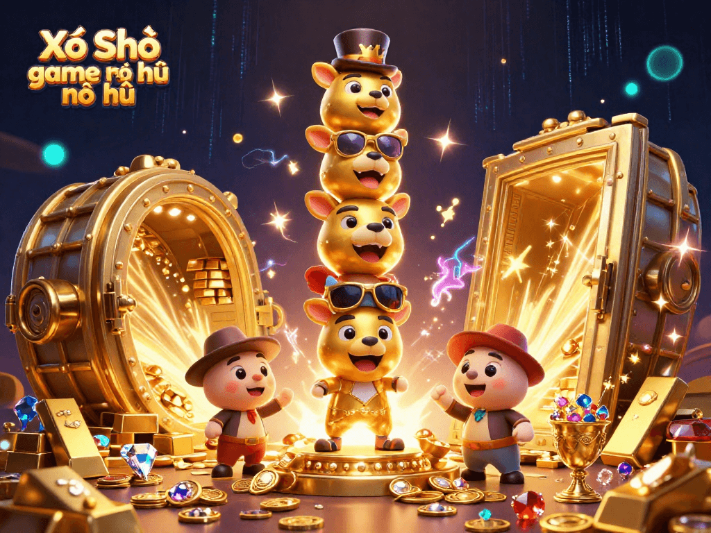 Xổ Số game nổ hũ reveals a vibrant 3D casino theme with dynamic gold treasures and animated characters.