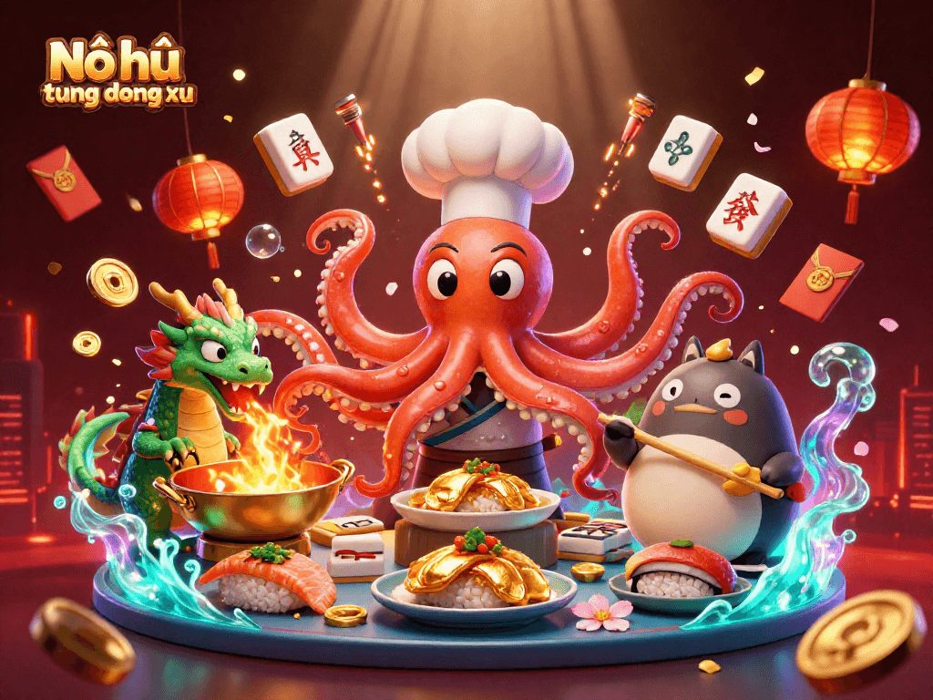 Engaging Nổ hũ tung đồng xu scene showcasing a dynamic octopus chef, dragon, and tanuki amid vibrant casino elements.
