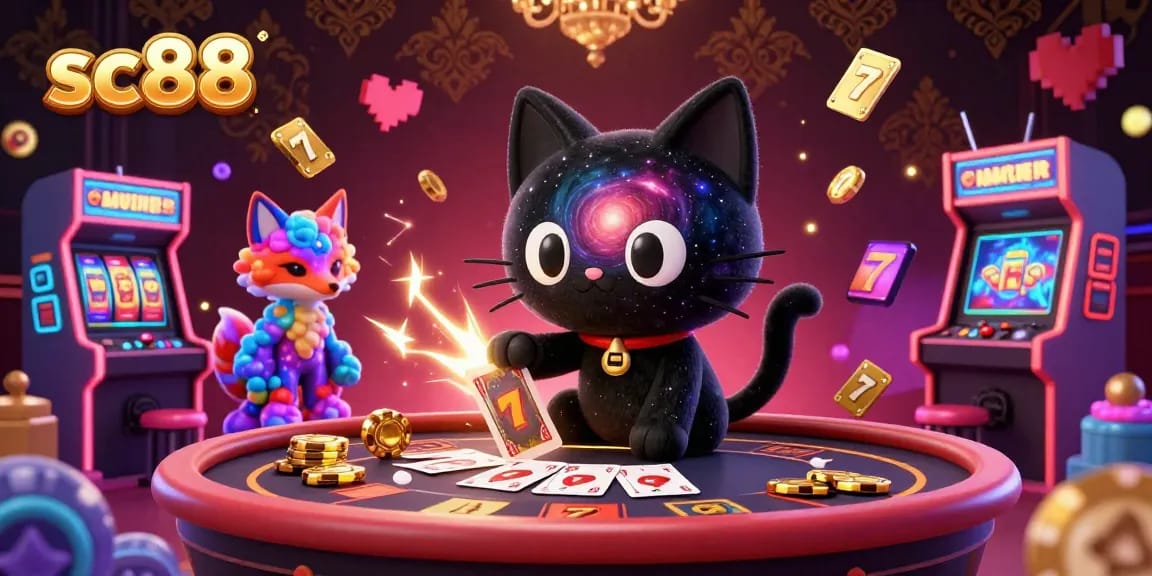 Experience the excitement of sc88 with a cosmic casino scene featuring a black hole cat attracting golden chips, surrounded by colorful slot game elements.