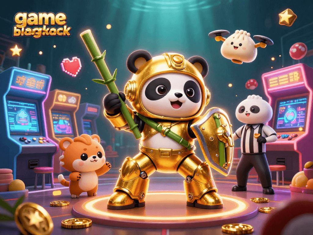 Engage in game blackjack with a mech-suit panda in a colorful casino arena.