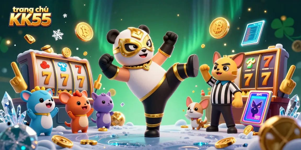 Engage with exciting slots and jackpots at trang chủ KK55 featuring 3D cartoon animals celebrating.