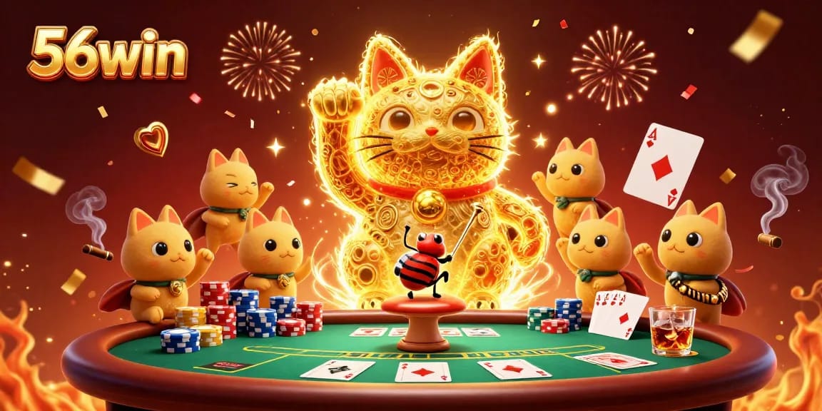 Experience the excitement of 56win as golden fireflies shape a lucky cat amid thrilling casino symbols.