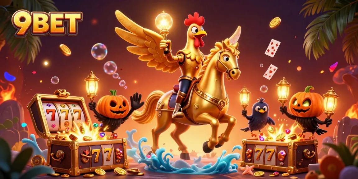 Engage with 9BET at a vibrant casino showcasing a golden rooster riding through slot games.