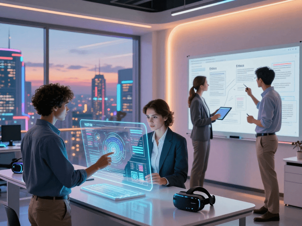 Explore NSFW AI technology in a futuristic workspace with professionals collaborating on ethical AI solutions.