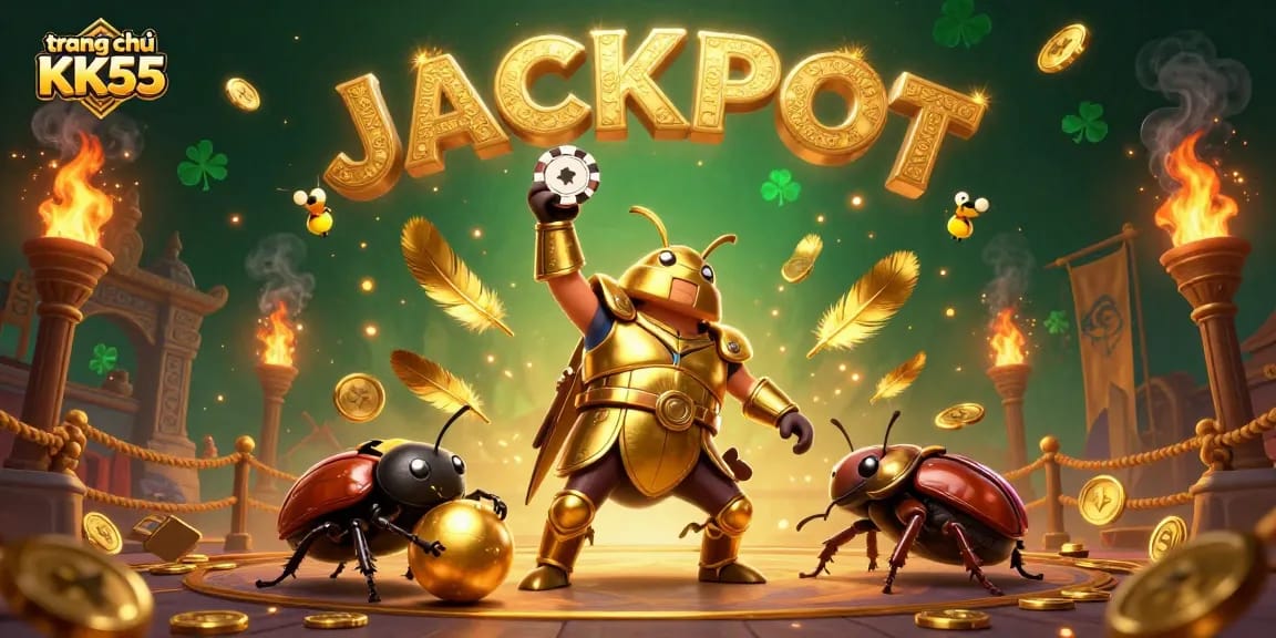 Experience thrilling wins at trang chủ KK55 with a bright cartoon scene featuring a heroic beetle lifting a poker chip.