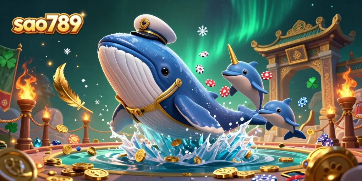 Sao789 players enjoying vibrant 3D illustrations with whales, narwhals, and poker chips amid gold coins.