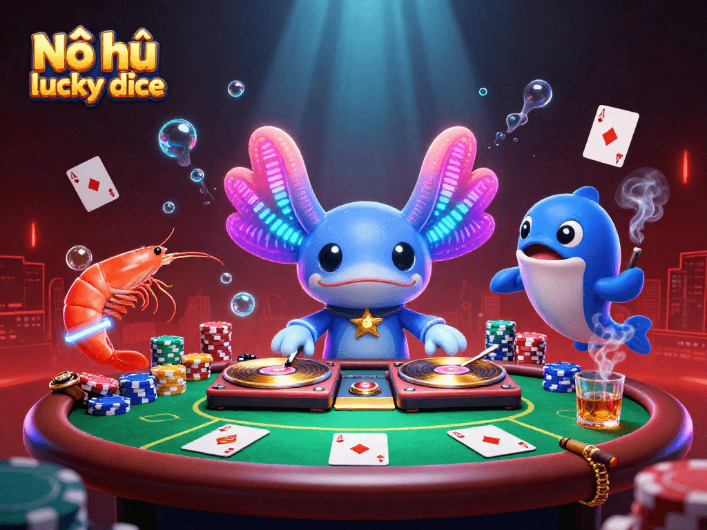 Nổ hũ lucky dice showcases vibrant gaming atmosphere with characters celebrating.