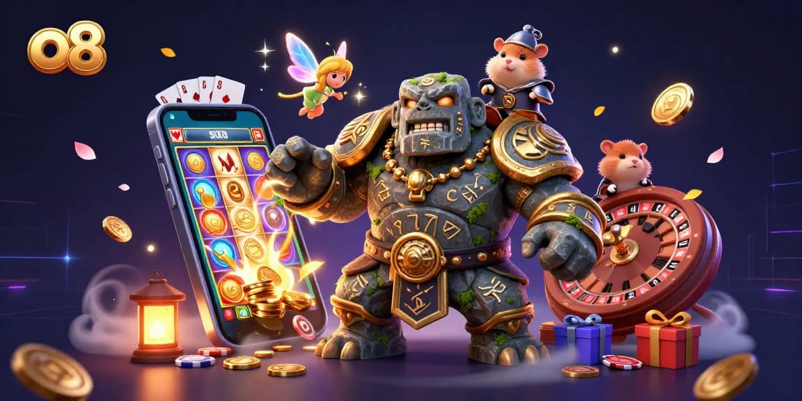 Engage with the dynamic o8 casino scene featuring a golem guardian and fairy magic amidst vibrant game elements.