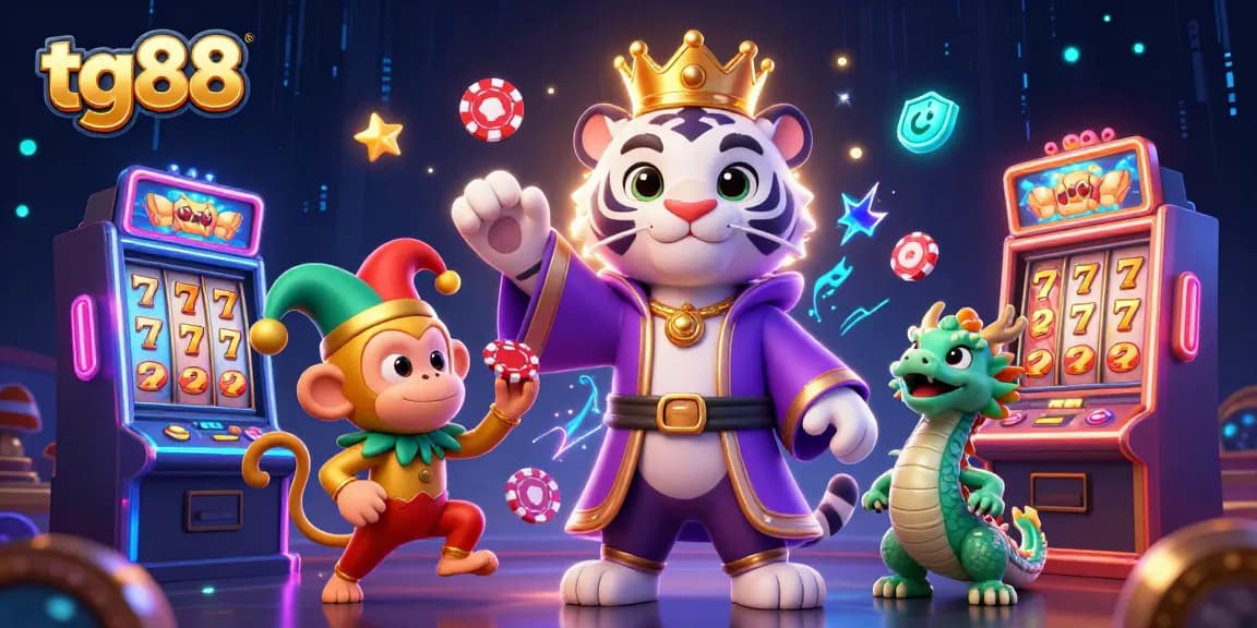 tg88 illustrates an energetic casino scene with a royal tiger, playful monkey, and interactive slot machines.