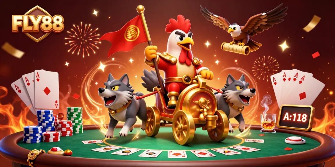 FLY88 showcases an engaging scene with a rooster warlord at a poker table, symbolizing thrilling bets.