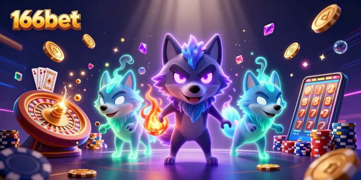 Experience the thrill of gaming with 166bet, featuring vibrant wolves and casino elements.