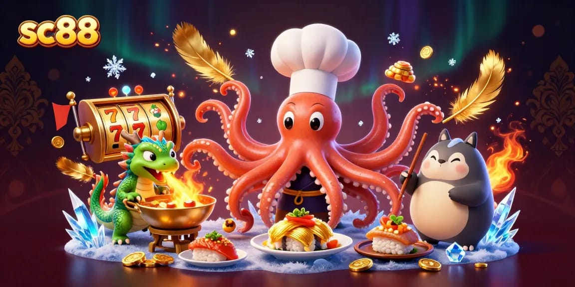 Play exciting games at sc88 with sushi chef octopus and wasabi dragon in a rich casino scene.
