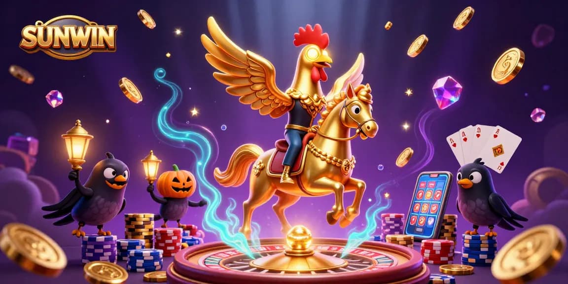 SUNWIN showcases a vibrant casino scene with a golden rooster and lantern-carrying crows amidst rich gaming elements.