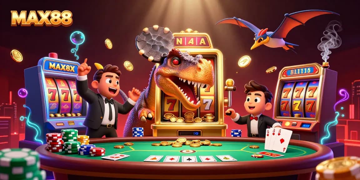 MAX88 illustration of a cartoon dinosaur winning jackpot coins at a slot machine with casino elements.