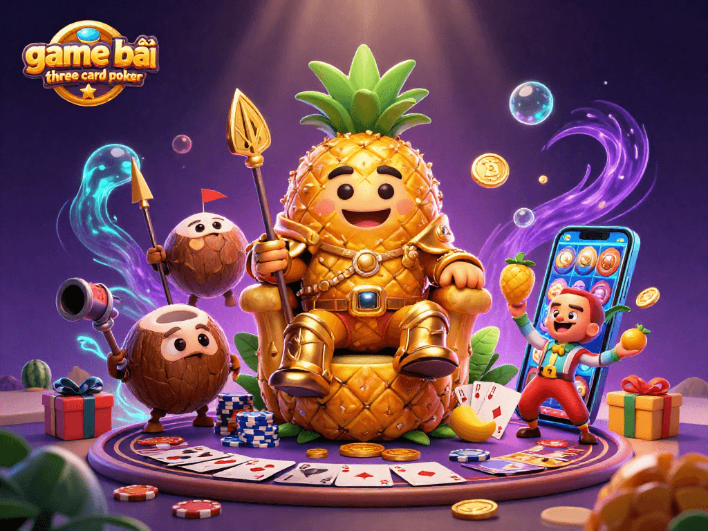 Engage in game bài three card poker with vibrant casino characters and dynamic gameplay elements.