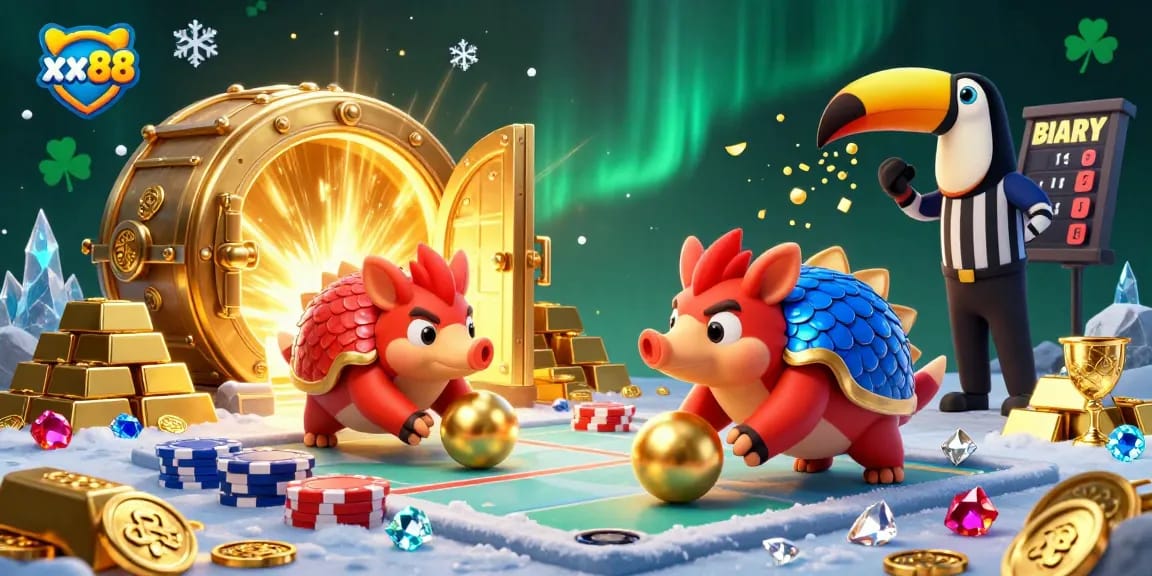 Experience excitement with xx88 as rival pangolins roll through poker chips in a vibrant casino scene.