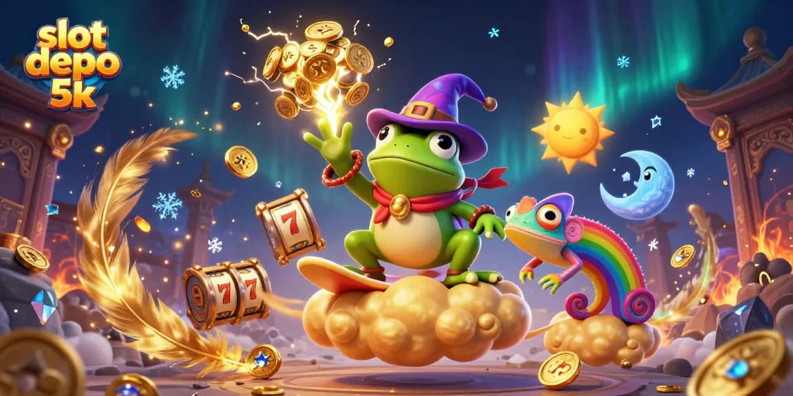 Spin to win with slot depo 5k in an enchanting scene filled with golden coins and vibrant action.