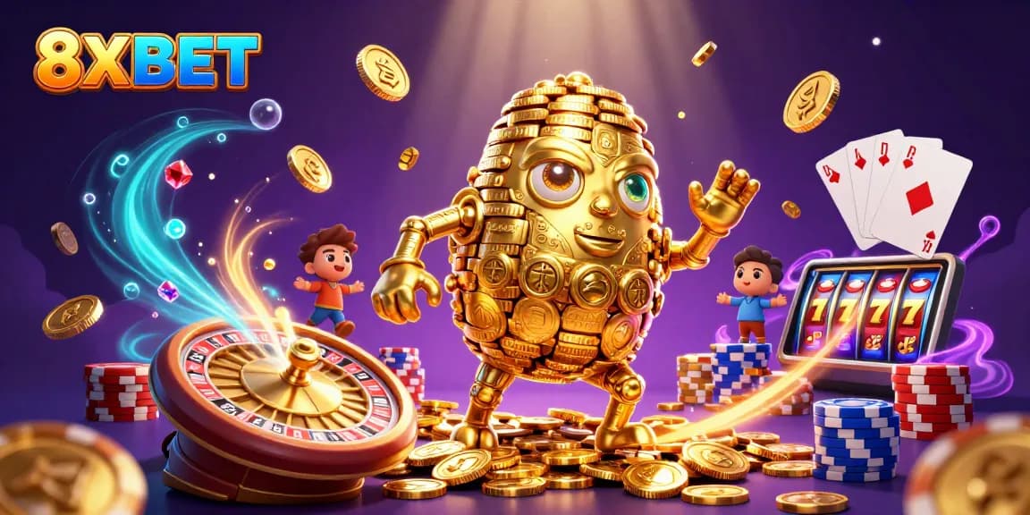 Experience the exciting world of 8XBET with a vibrant 3D casino illustration featuring animated characters and dynamic elements.