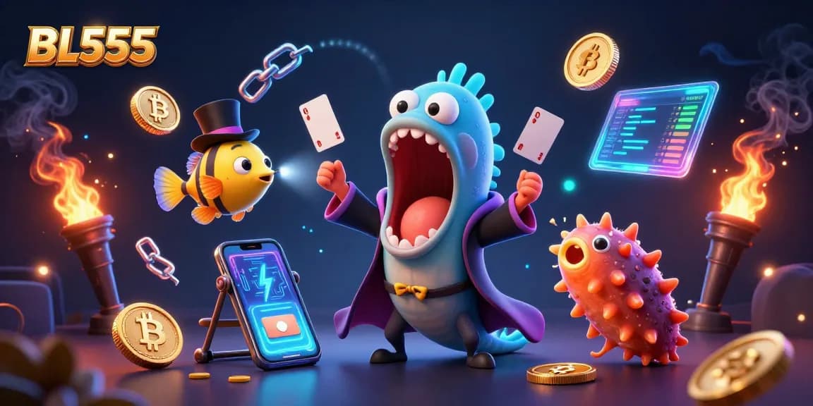 Experience thrilling card tricks with BL555's bioluminescent creatures and crypto elements.