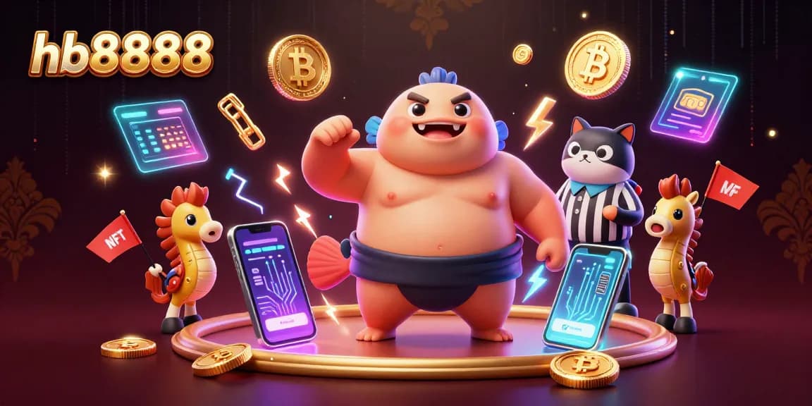 Engage with hb8888's thrilling gaming scene featuring a fugu in a sumo belt and crypto elements swirling around.