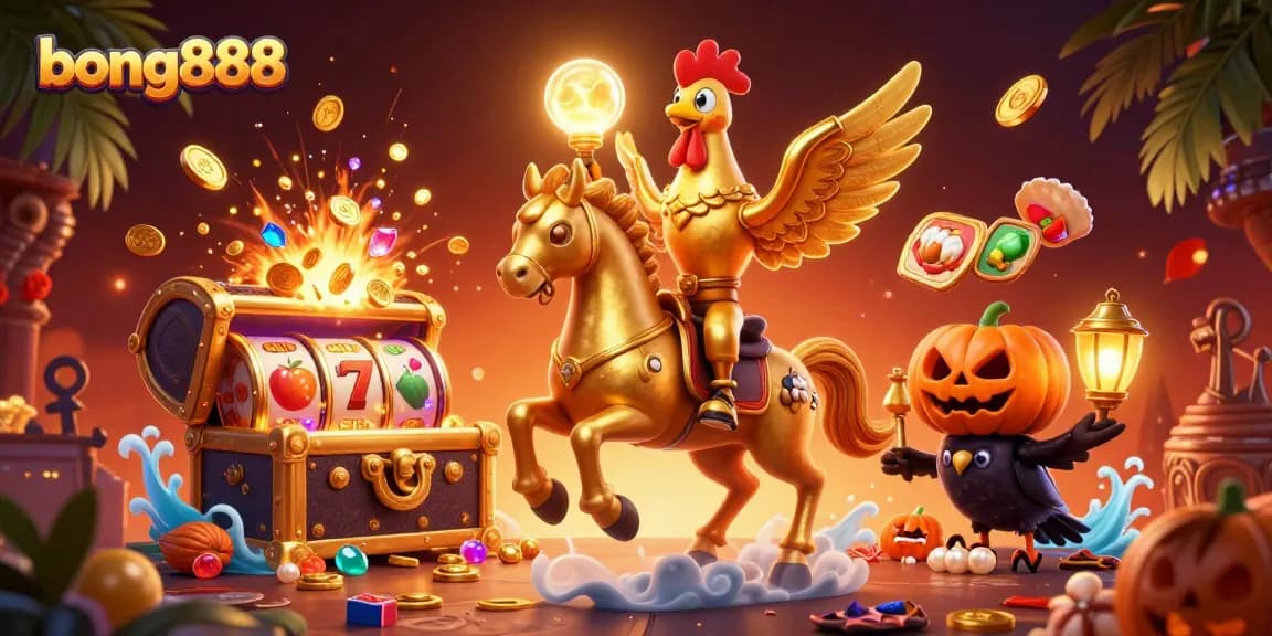 Engage in thrilling gameplay at bong888 with golden rooster, spectral horse, and vibrant casino elements.
