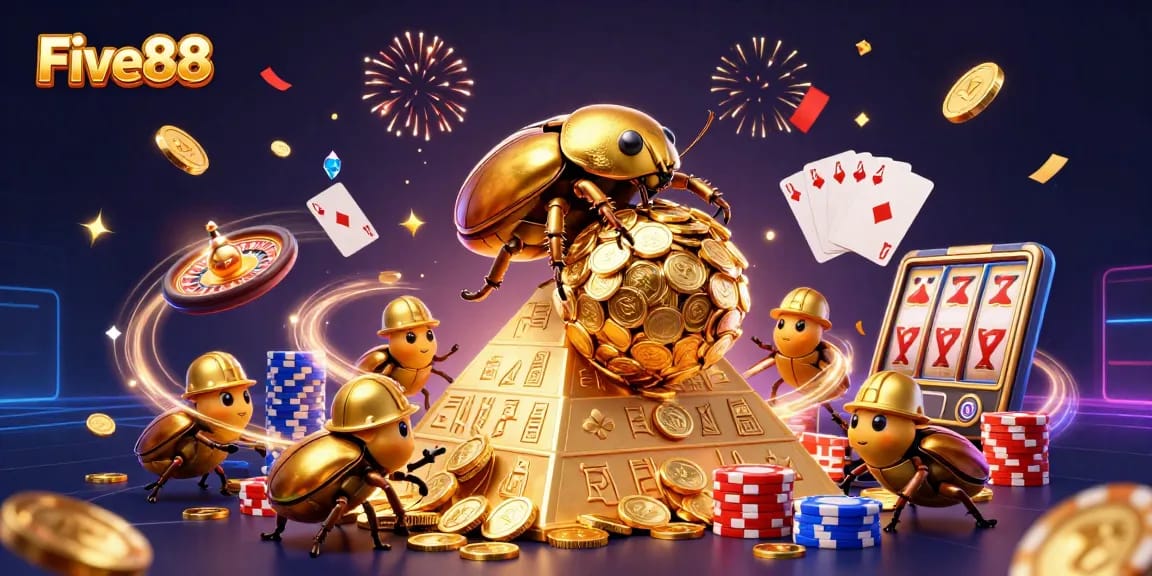 Experience thrilling gameplay with Five88 as golden beetles roll a jackpot of coins in this vibrant casino illustration.