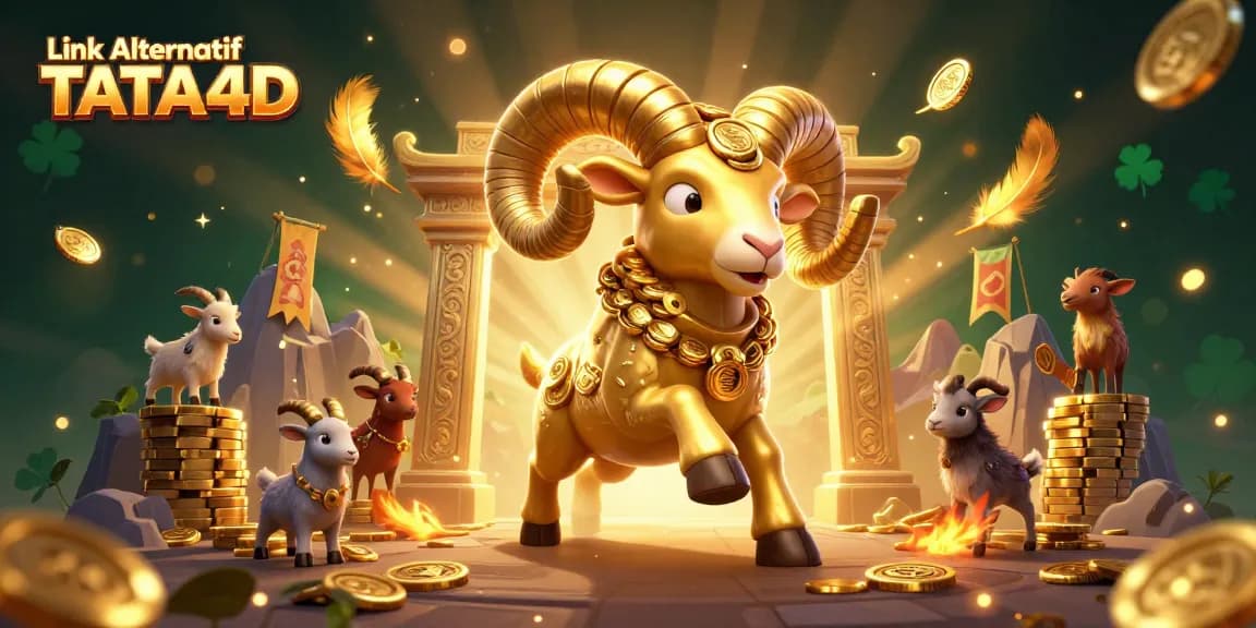 Experience thrilling action with the Link Alternatif TATA4D illustration featuring golden ram and vibrant casino elements.