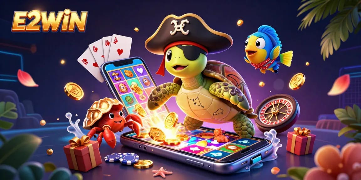 E2WIN offers an exciting scene with a pirate turtle, treasure, and casino elements like poker chips and slot games.