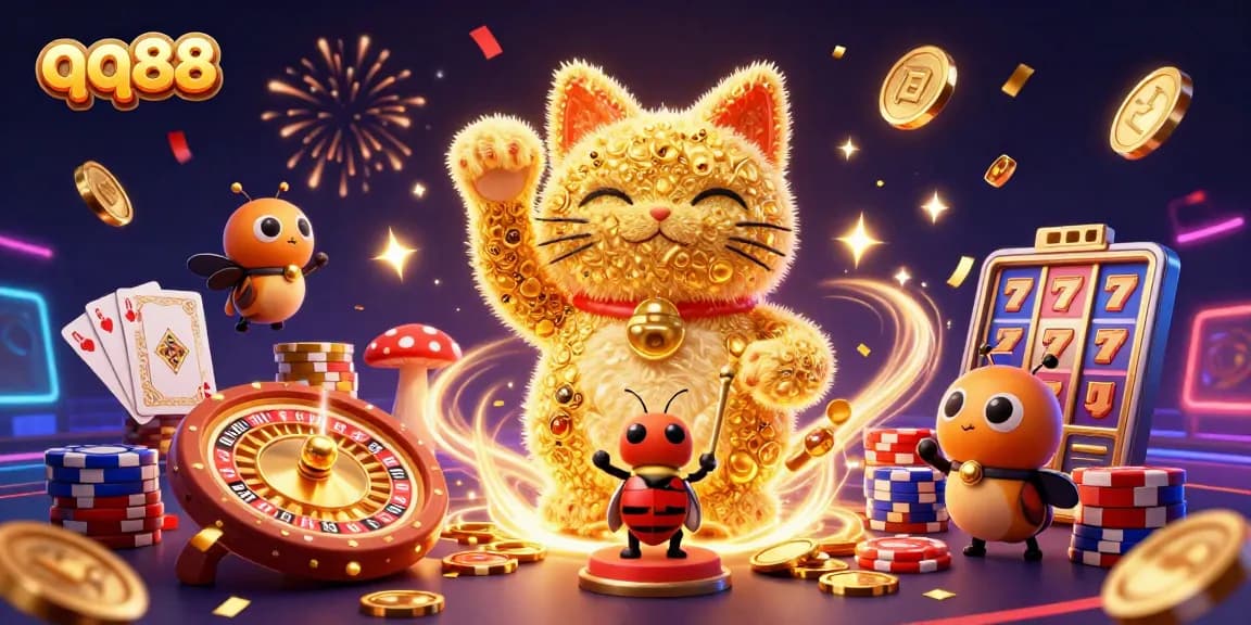 Win big with qq88's vibrant casino scene featuring a lucky cat and golden fireflies.