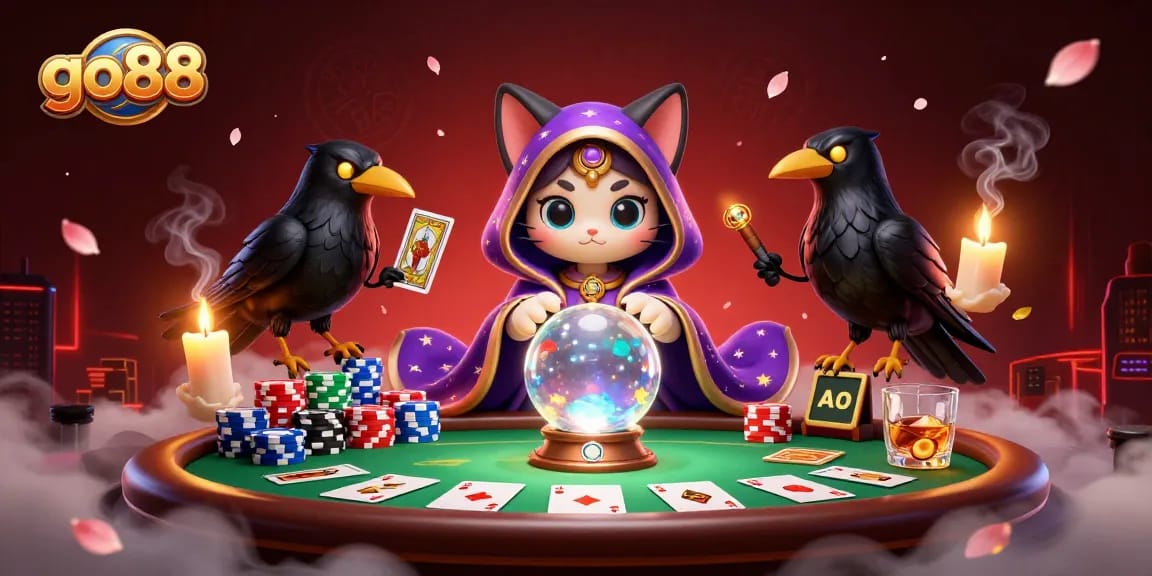 Engage with go88's exciting poker scene featuring a fortune teller cat and a raven dealer.