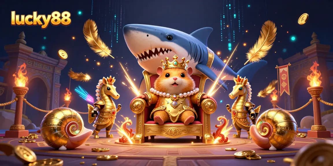 Experience thrilling gameplay in lucky88 with a fierce hamster king surrounded by royal seahorse guards.