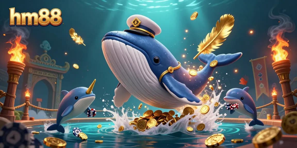 Join the excitement at hm88, where a captivating whale breaches in a sea of coins, representing online gaming thrills.