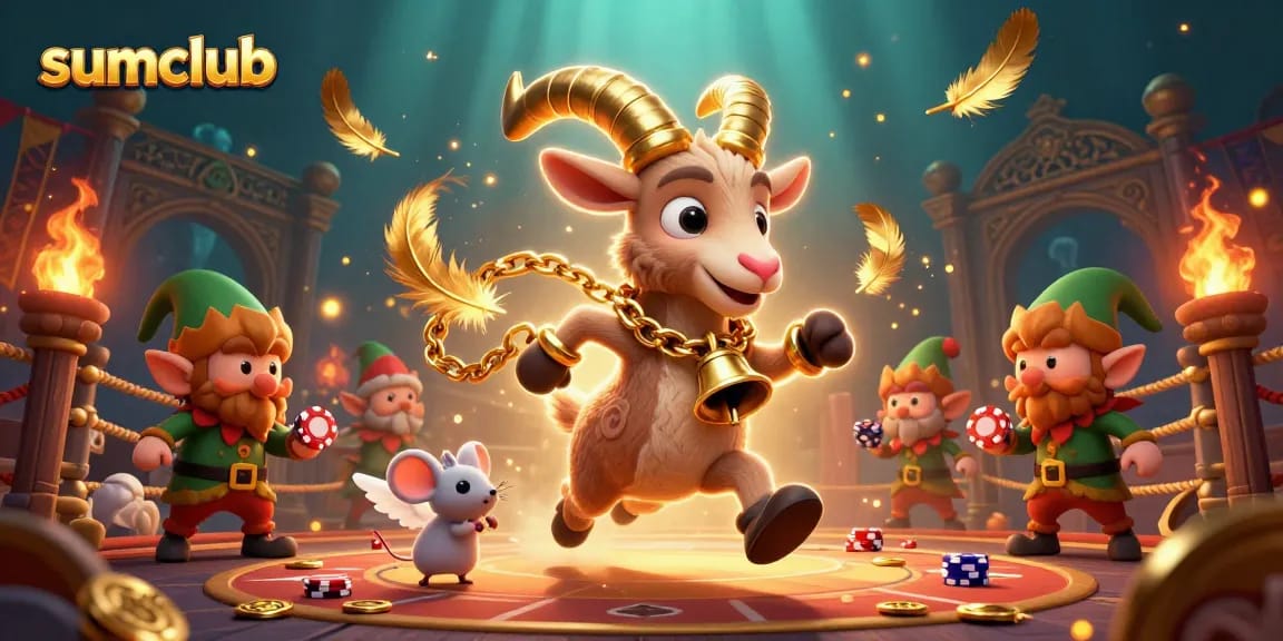 Engage in thrilling gambling action at sumclub, featuring playful characters in a festive casino setting.